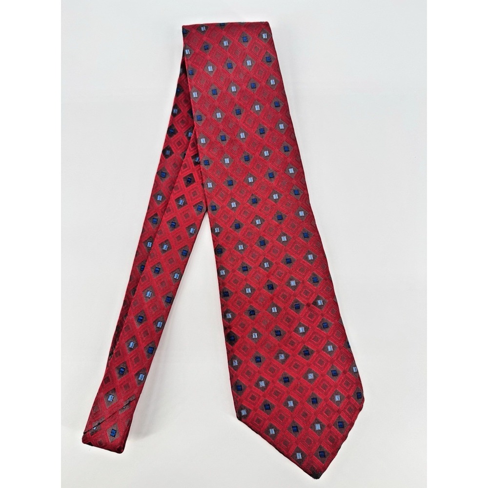 Mens‎ Red Silk Tie Geometric Diamond Pattern Blue Gray Classic Business GUESS
